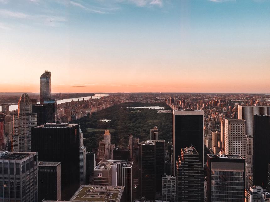 Overlooking Central Park in New York City at sunset.